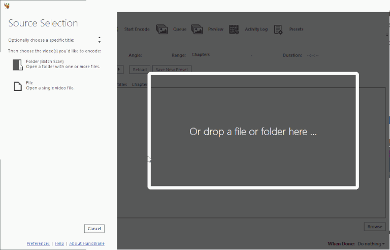 Sélectionner les fichiers médias dans HandBrake